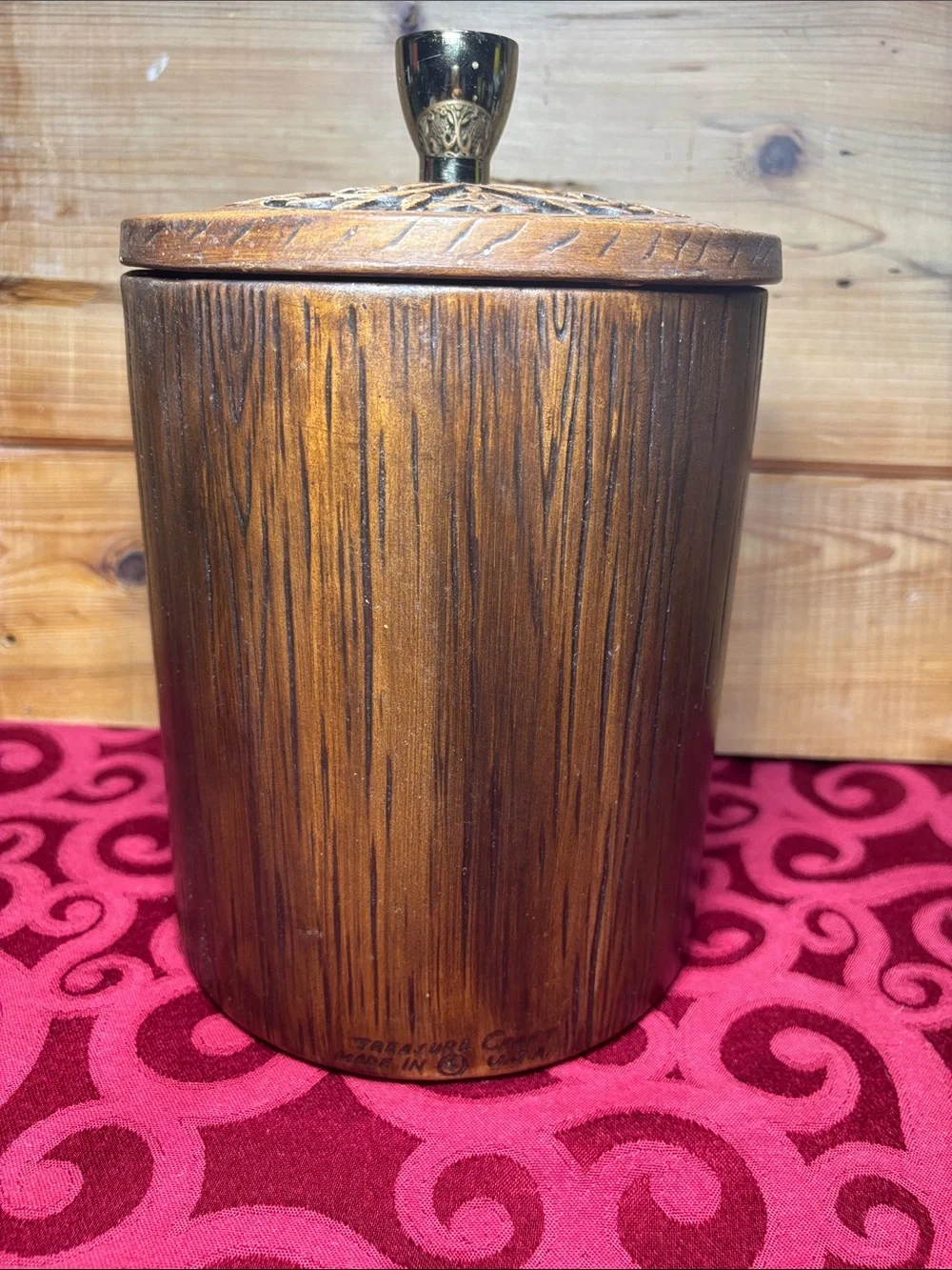 Vintage Treasure Craft Ceramic Cookie Jar – Faux Wood Grain Barrel Design